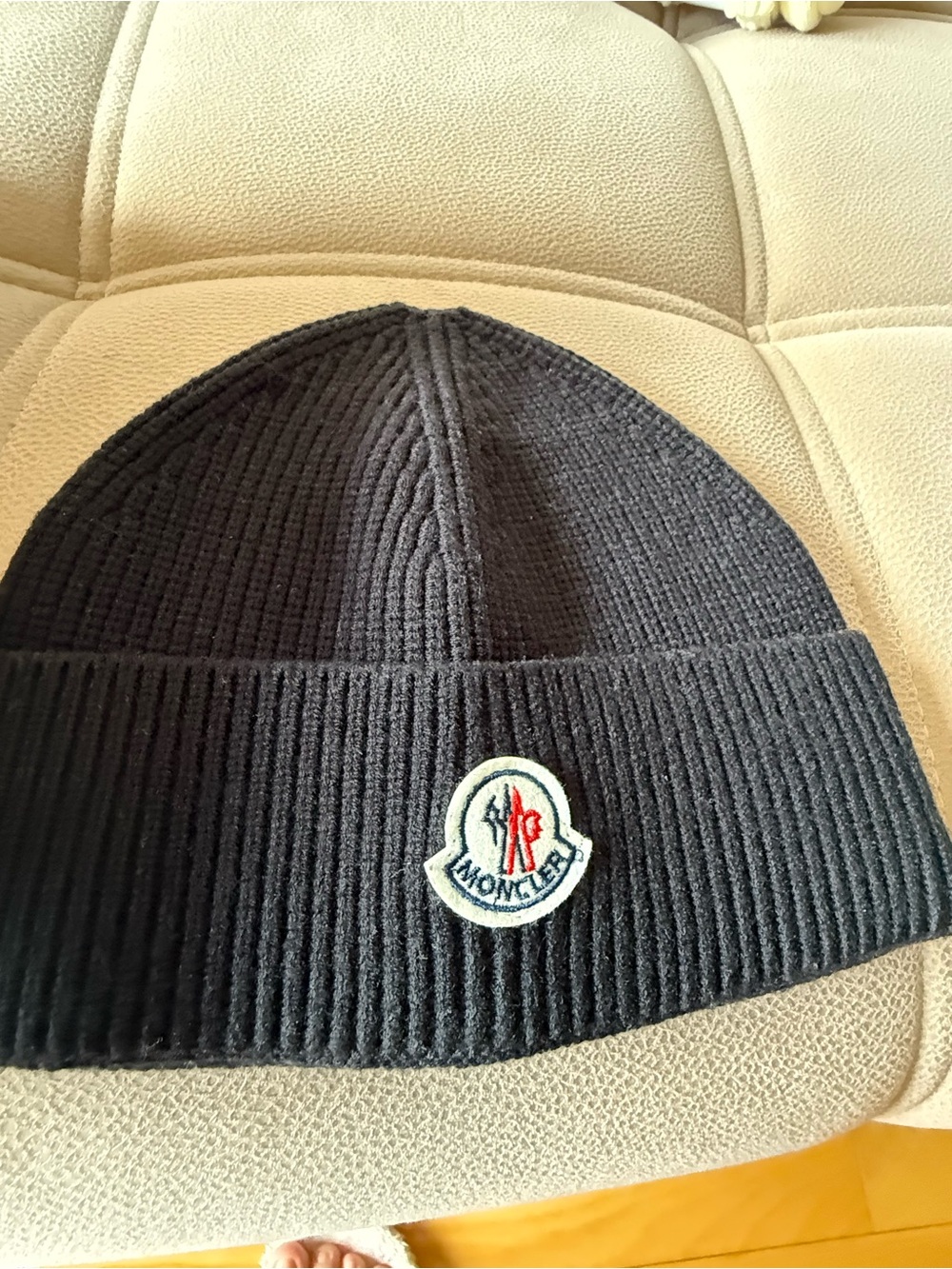 Moncler Black Ribbed Wool Beanie with Signature Tag